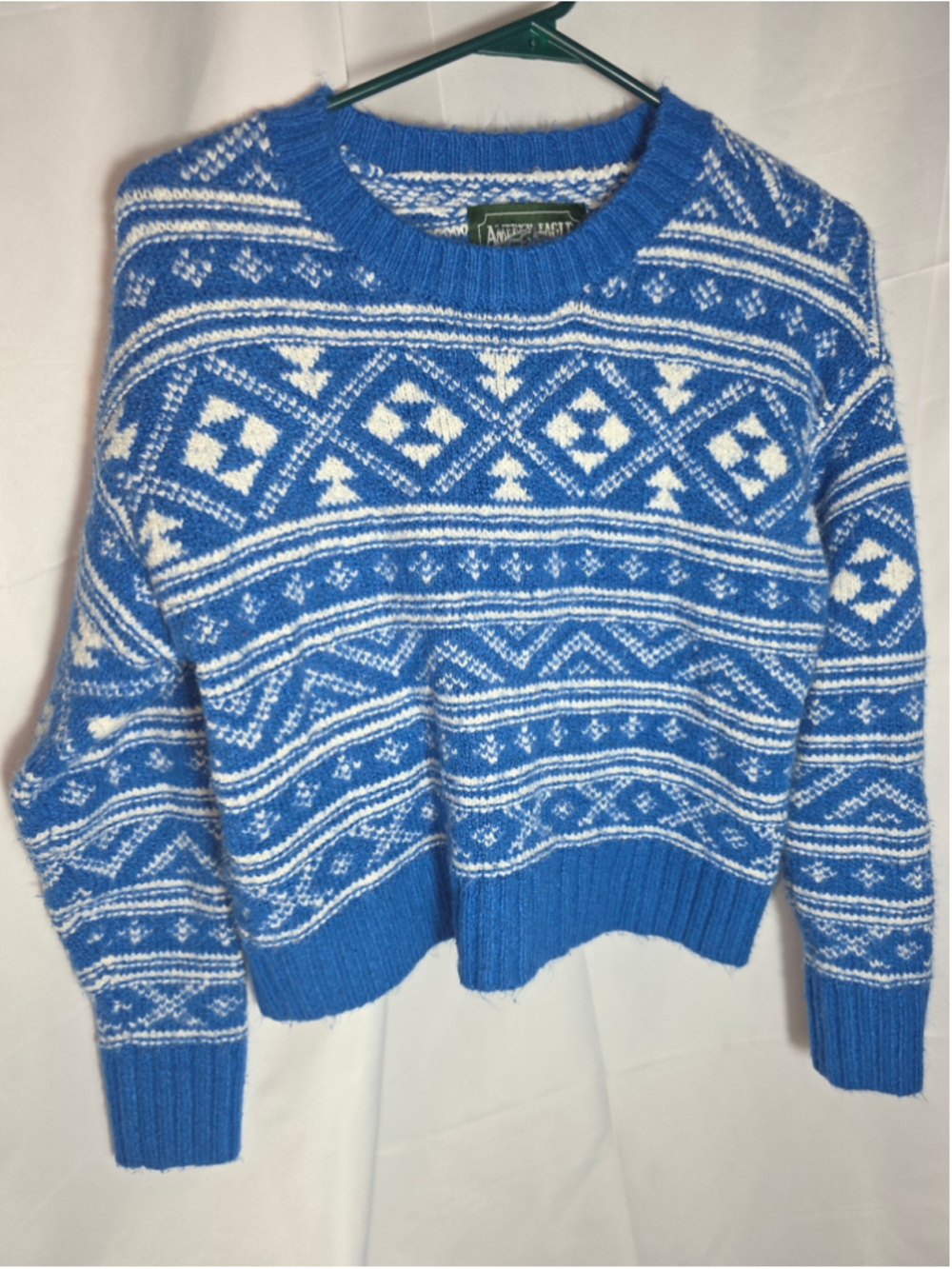 Women's American Eagle Fair Isle Crew Neck Sweater Blue White Size XS Christmas